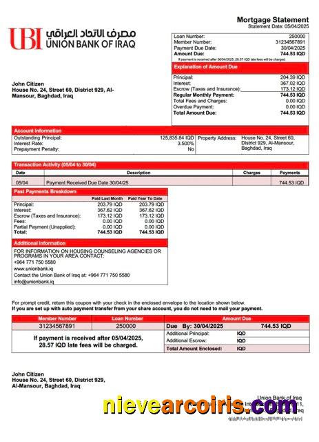 Iraq Union Bank of Iraq mortgage statement Word and PDF template